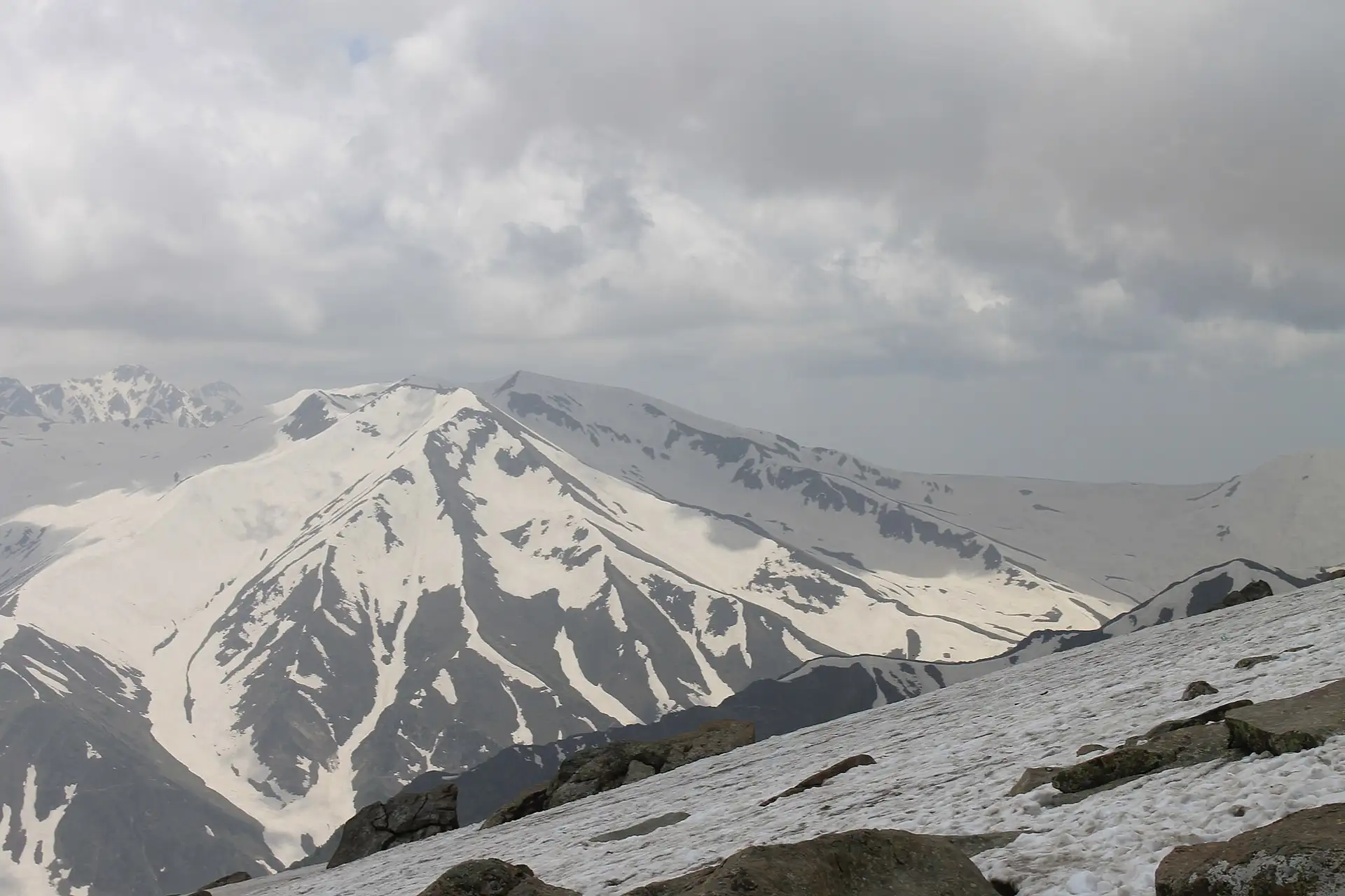 Snow-covered meadow and pine forest in Kashmir in winter